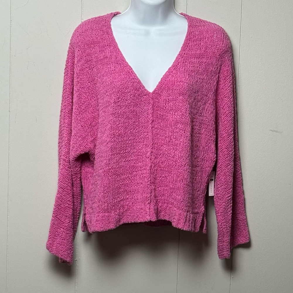 NWT BP Women’s Bright Pink V-Neck Cotton Blend Loose Knit Cropped Sweater Size S